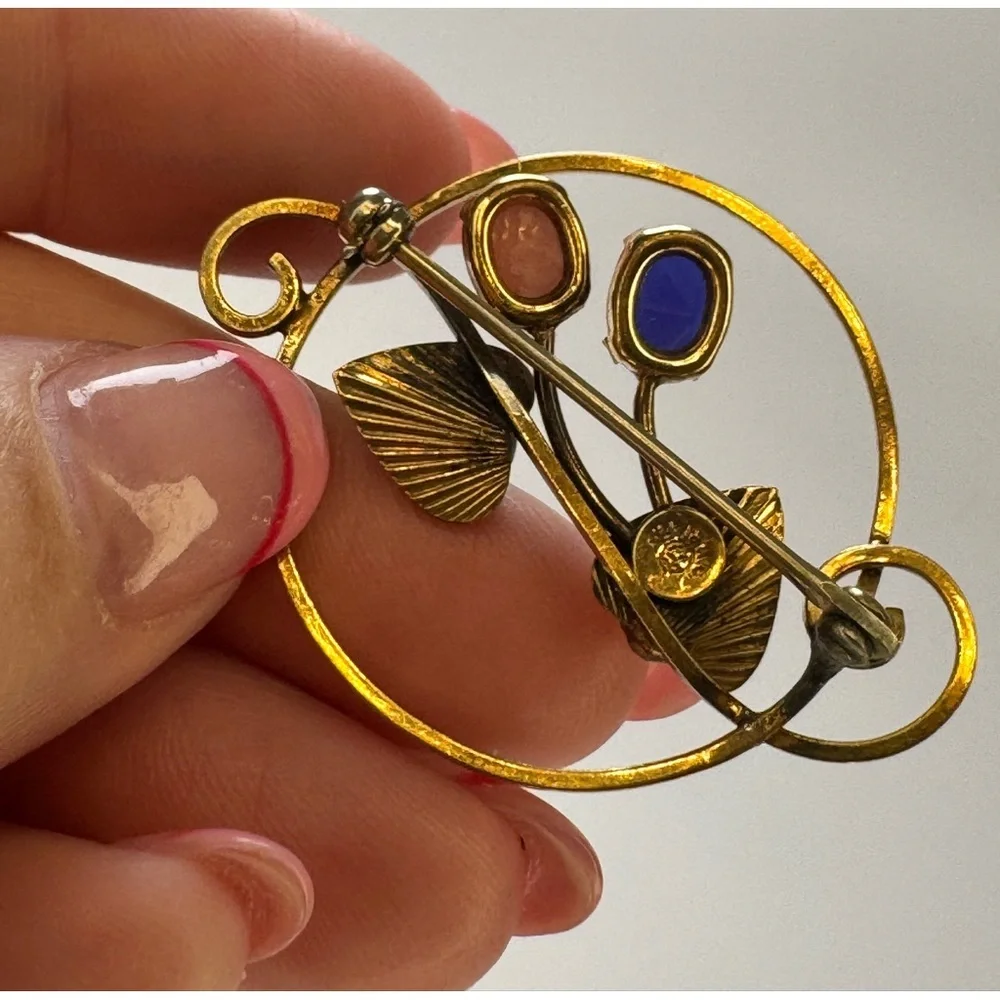 Antique 12 Karat Gold Filled Brooch Blue & Pink Stones w/Gold Leaves